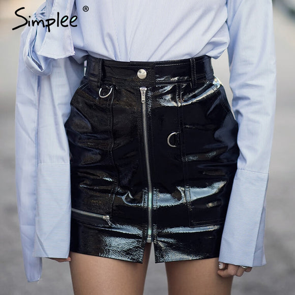Sexy high waist faux leather zipper, pocket mini skirt
