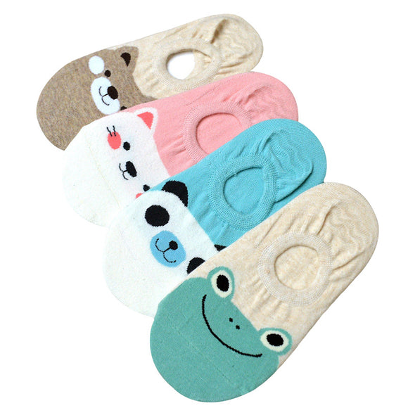 5 Pairs/lot Women Socks Candy Color Small Animal Cartoon Pattern Boat Sock