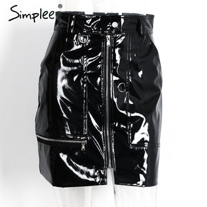 Sexy high waist faux leather zipper, pocket mini skirt